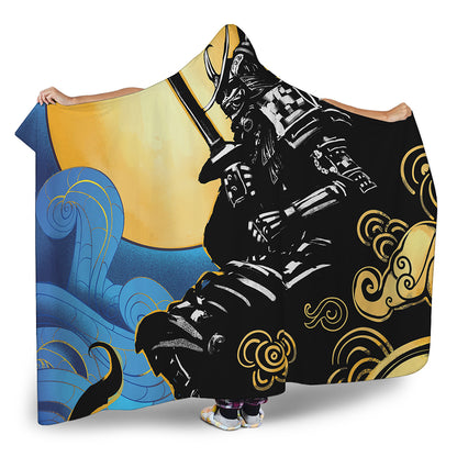 Blue Sky And Golden Sun Samurai Print Hooded Blanket