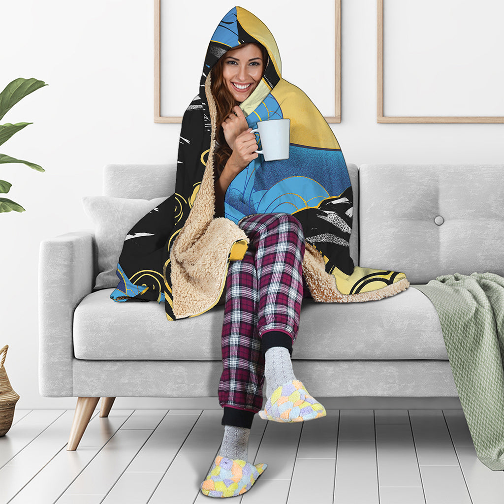 Blue Sky And Golden Sun Samurai Print Hooded Blanket