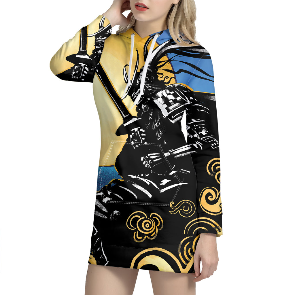 Blue Sky And Golden Sun Samurai Print Hoodie Dress