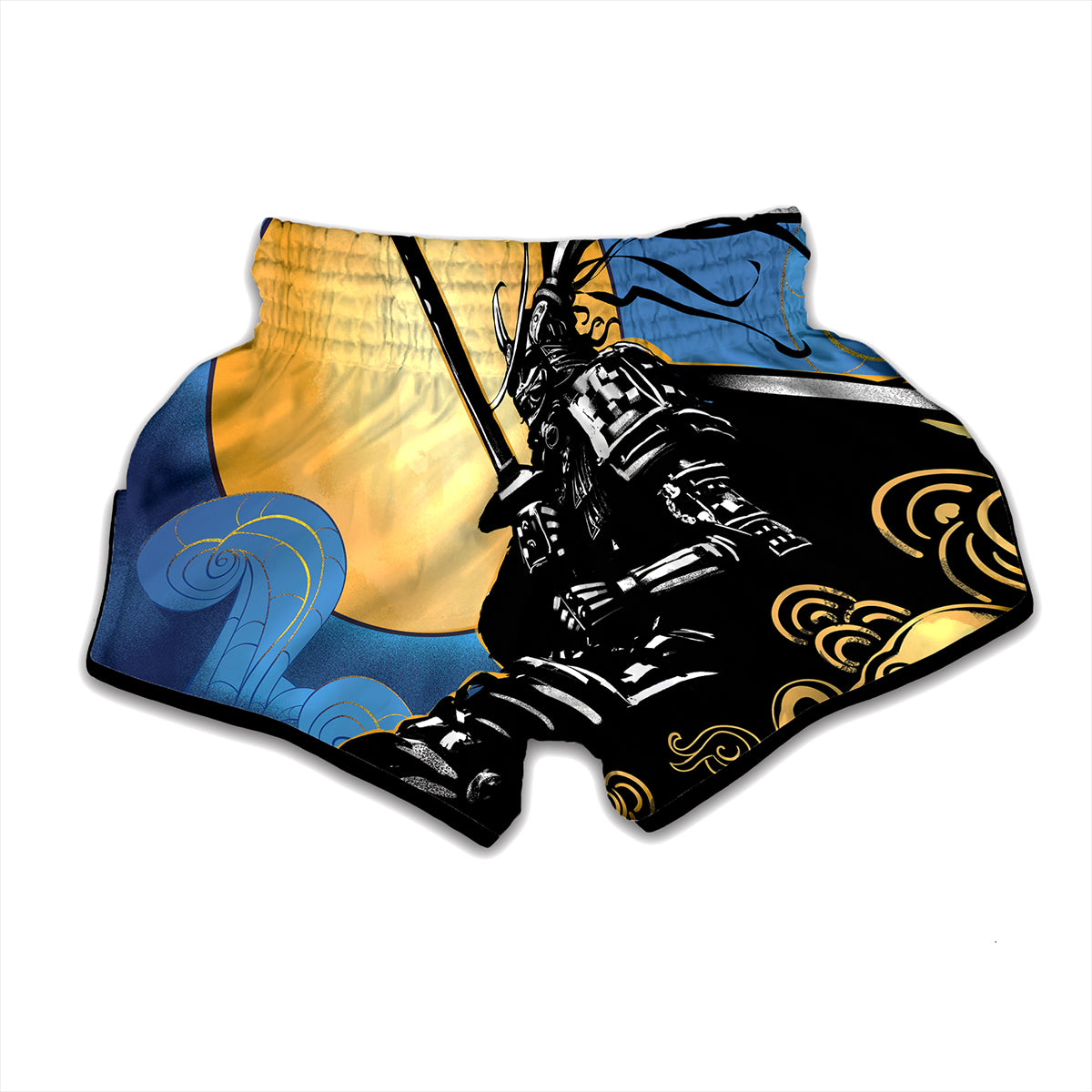 Blue Sky And Golden Sun Samurai Print Muay Thai Boxing Shorts