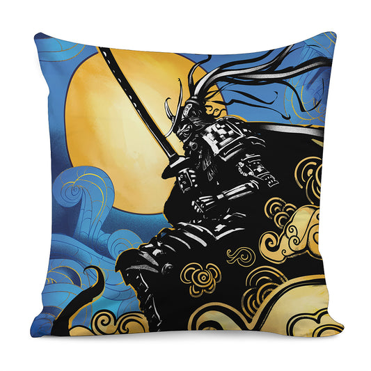 Blue Sky And Golden Sun Samurai Print Pillow Cover
