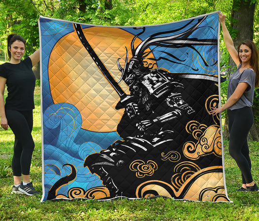 Blue Sky And Golden Sun Samurai Print Quilt