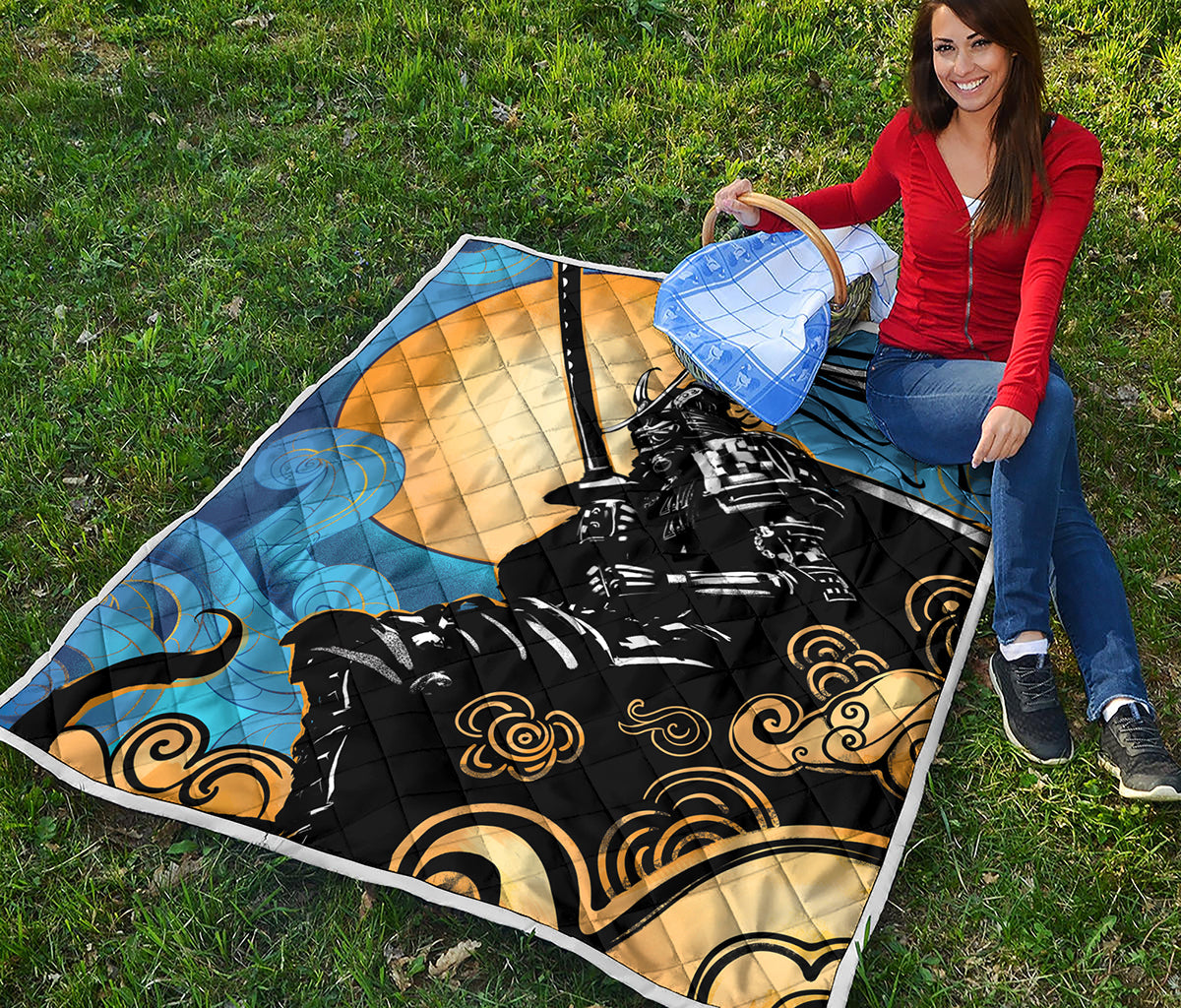 Blue Sky And Golden Sun Samurai Print Quilt