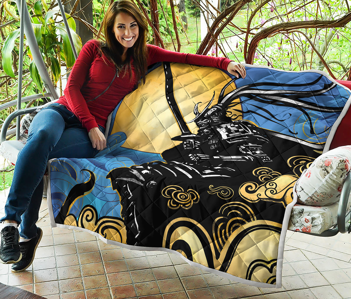 Blue Sky And Golden Sun Samurai Print Quilt