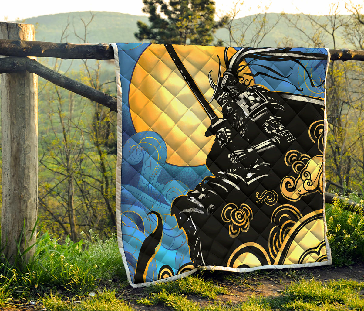Blue Sky And Golden Sun Samurai Print Quilt