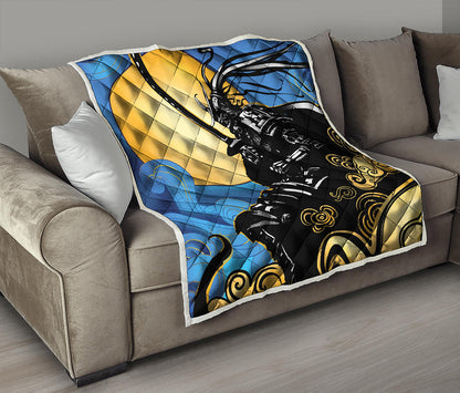 Blue Sky And Golden Sun Samurai Print Quilt