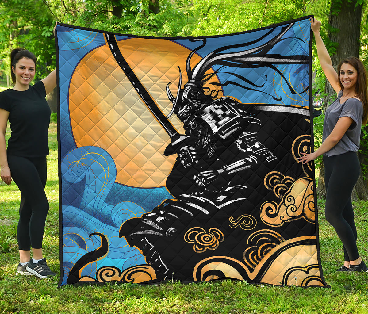 Blue Sky And Golden Sun Samurai Print Quilt