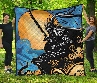 Blue Sky And Golden Sun Samurai Print Quilt
