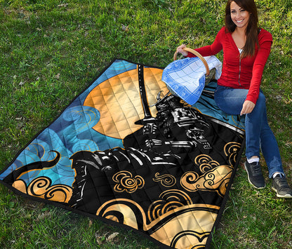 Blue Sky And Golden Sun Samurai Print Quilt