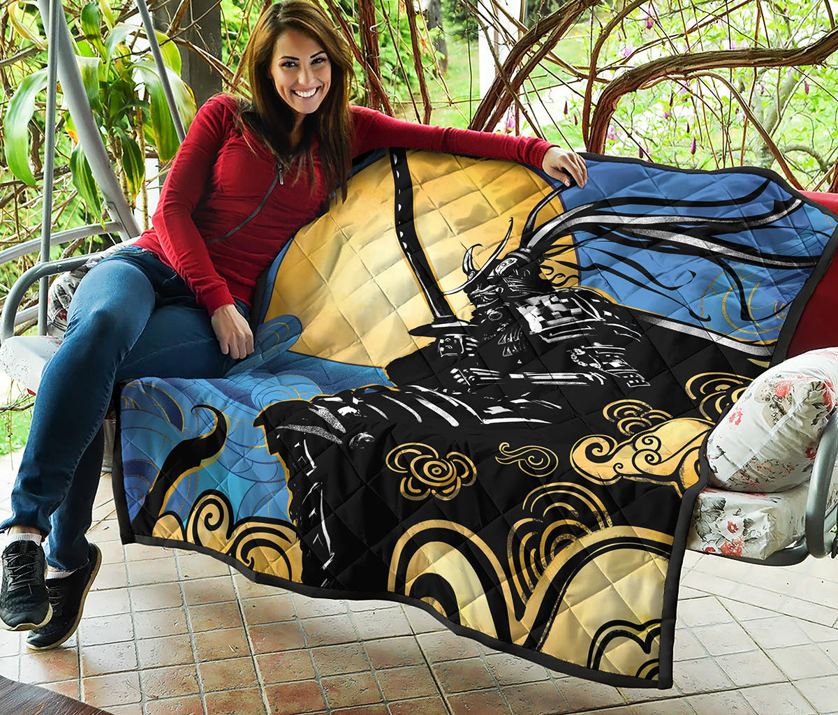 Blue Sky And Golden Sun Samurai Print Quilt