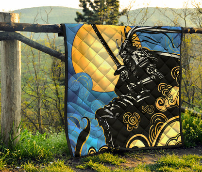 Blue Sky And Golden Sun Samurai Print Quilt