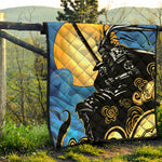 Blue Sky And Golden Sun Samurai Print Quilt
