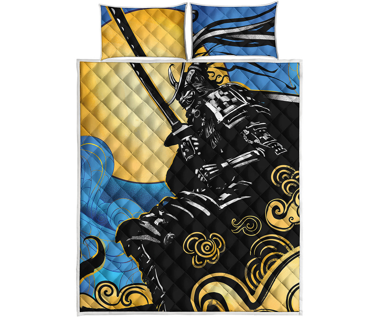 Blue Sky And Golden Sun Samurai Print Quilt Bed Set