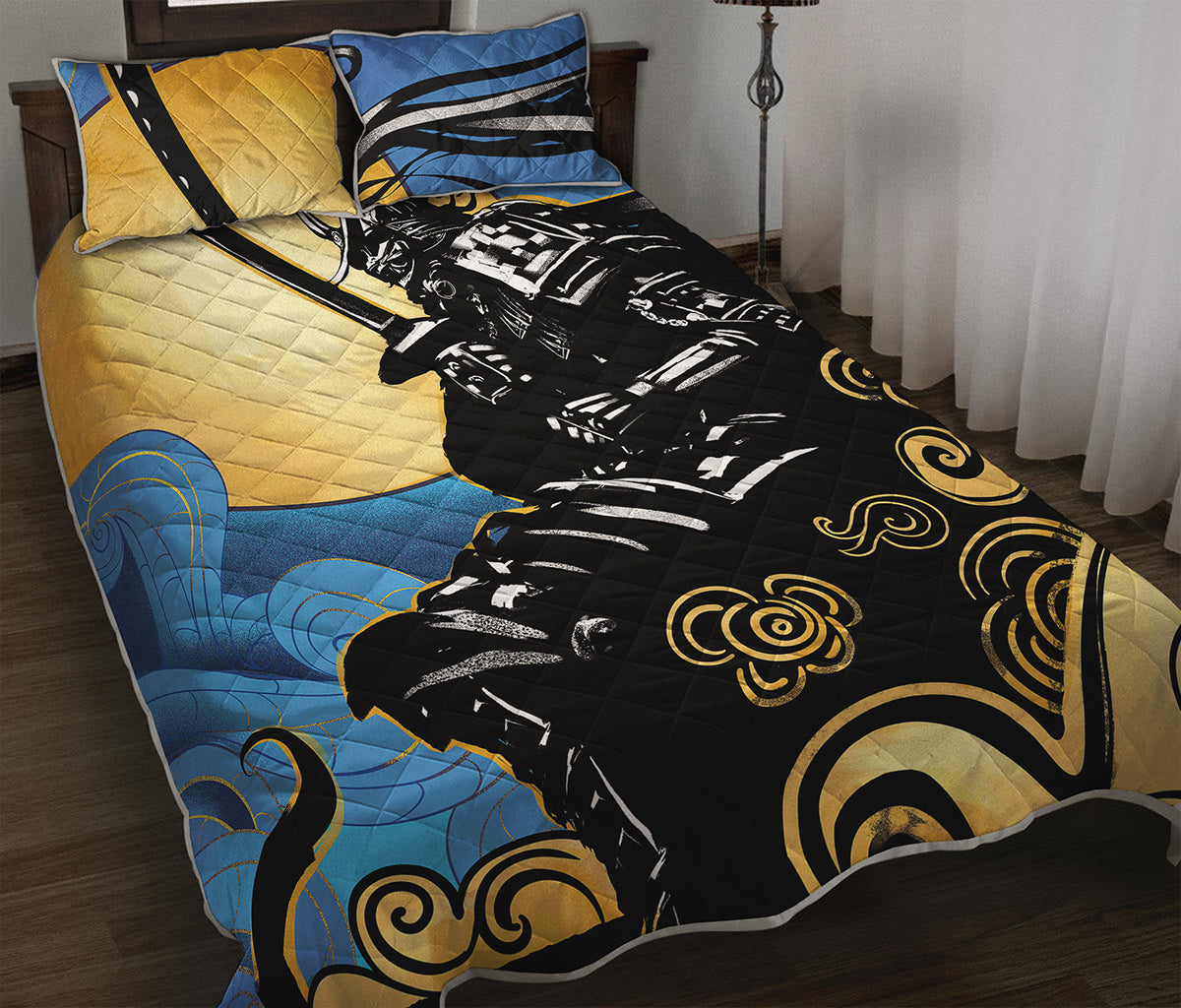 Blue Sky And Golden Sun Samurai Print Quilt Bed Set