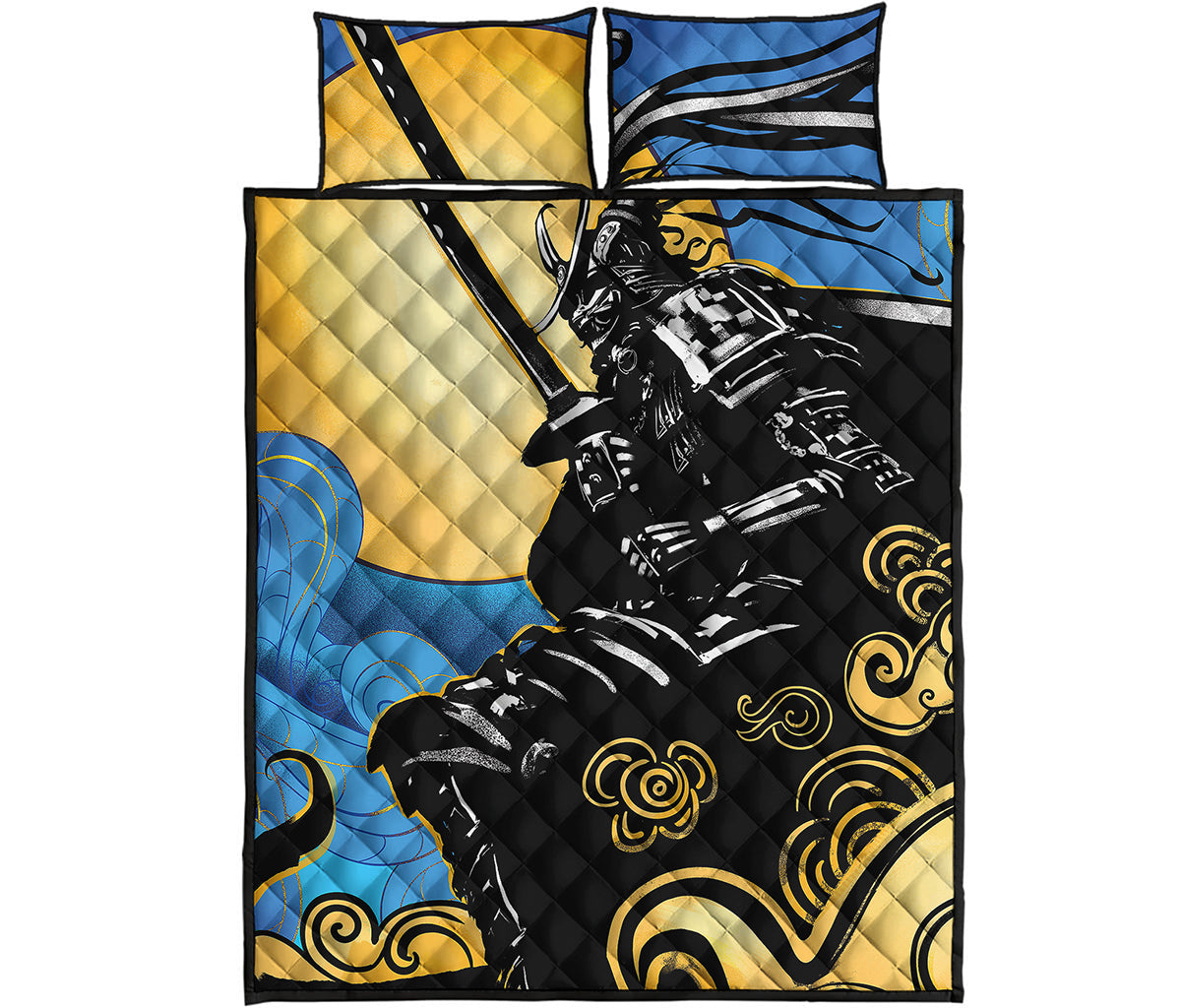Blue Sky And Golden Sun Samurai Print Quilt Bed Set