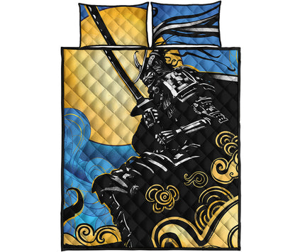 Blue Sky And Golden Sun Samurai Print Quilt Bed Set