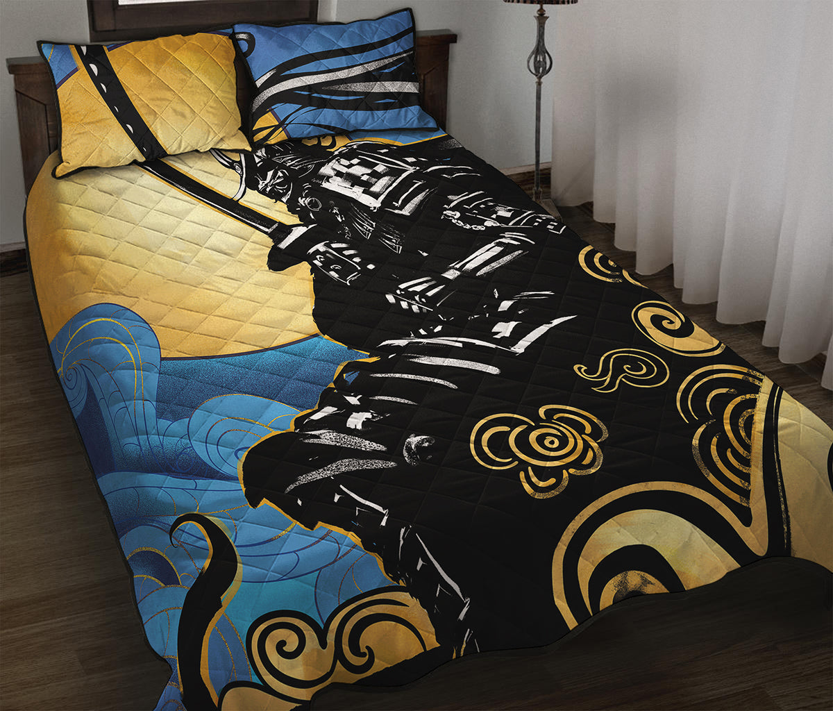 Blue Sky And Golden Sun Samurai Print Quilt Bed Set