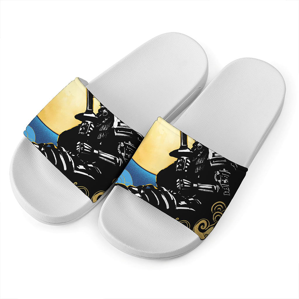 Blue Sky And Golden Sun Samurai Print White Slide Sandals