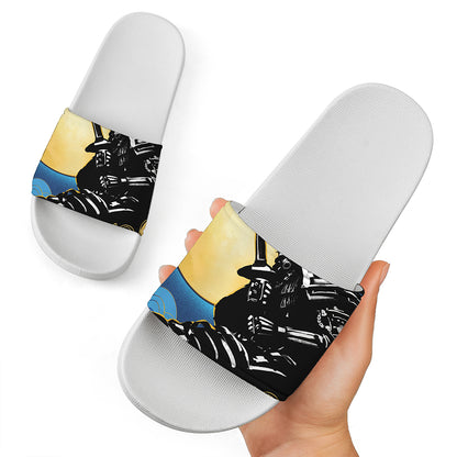 Blue Sky And Golden Sun Samurai Print White Slide Sandals