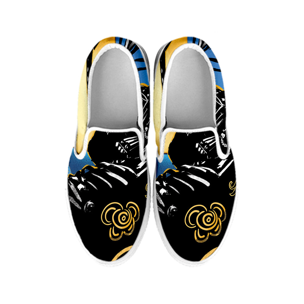 Blue Sky And Golden Sun Samurai Print White Slip On Shoes