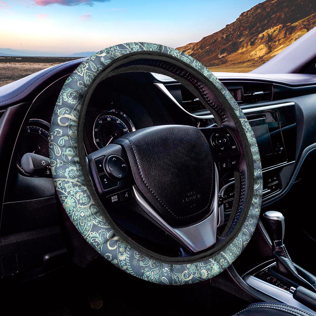 Blue Sky Paisley Bohemian Pattern Print Car Steering Wheel Cover