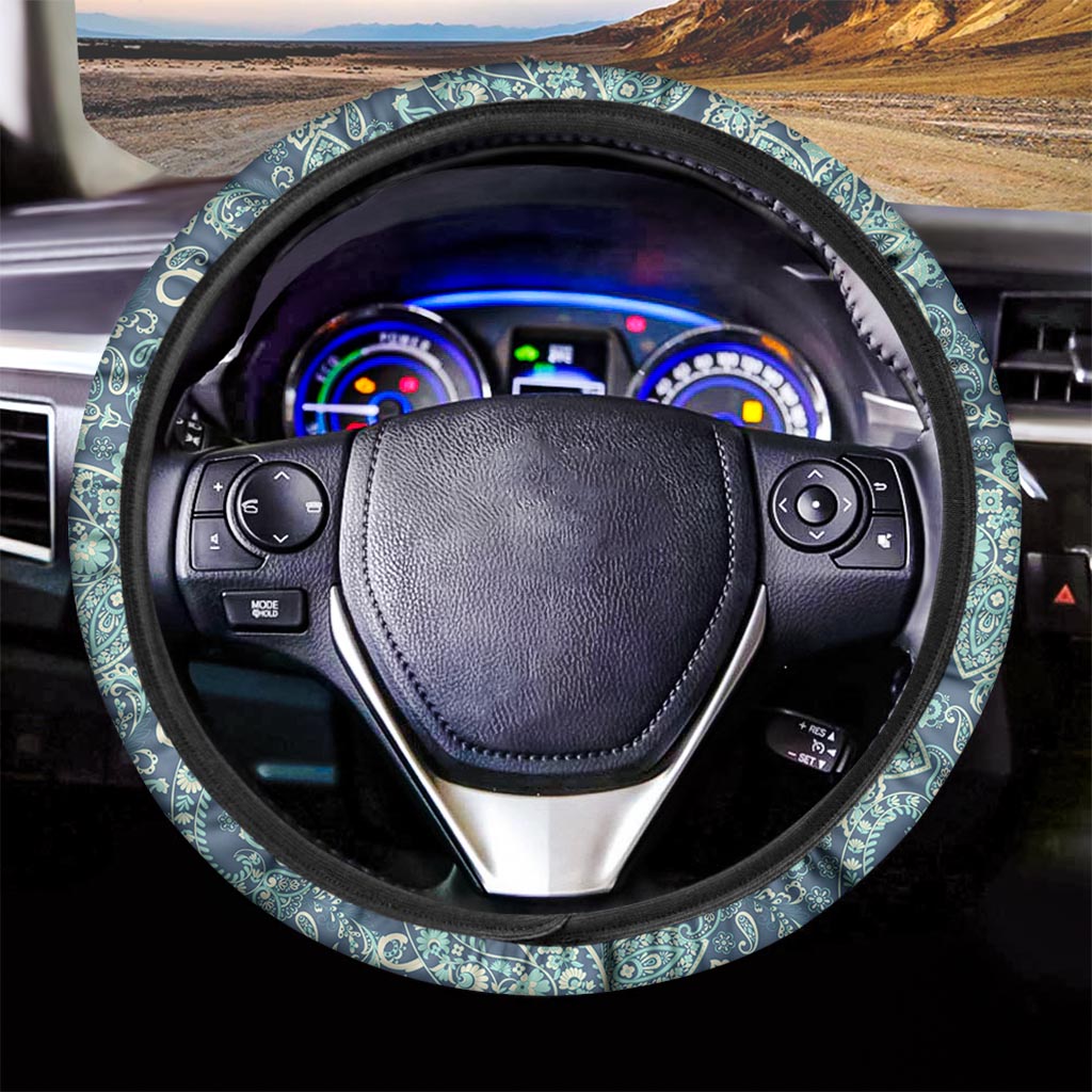 Blue Sky Paisley Bohemian Pattern Print Car Steering Wheel Cover