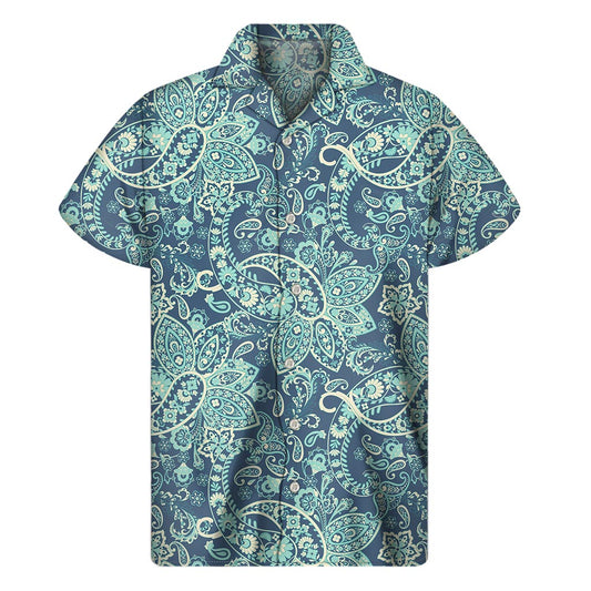 Blue Sky Paisley Bohemian Pattern Print Men's Short Sleeve Shirt