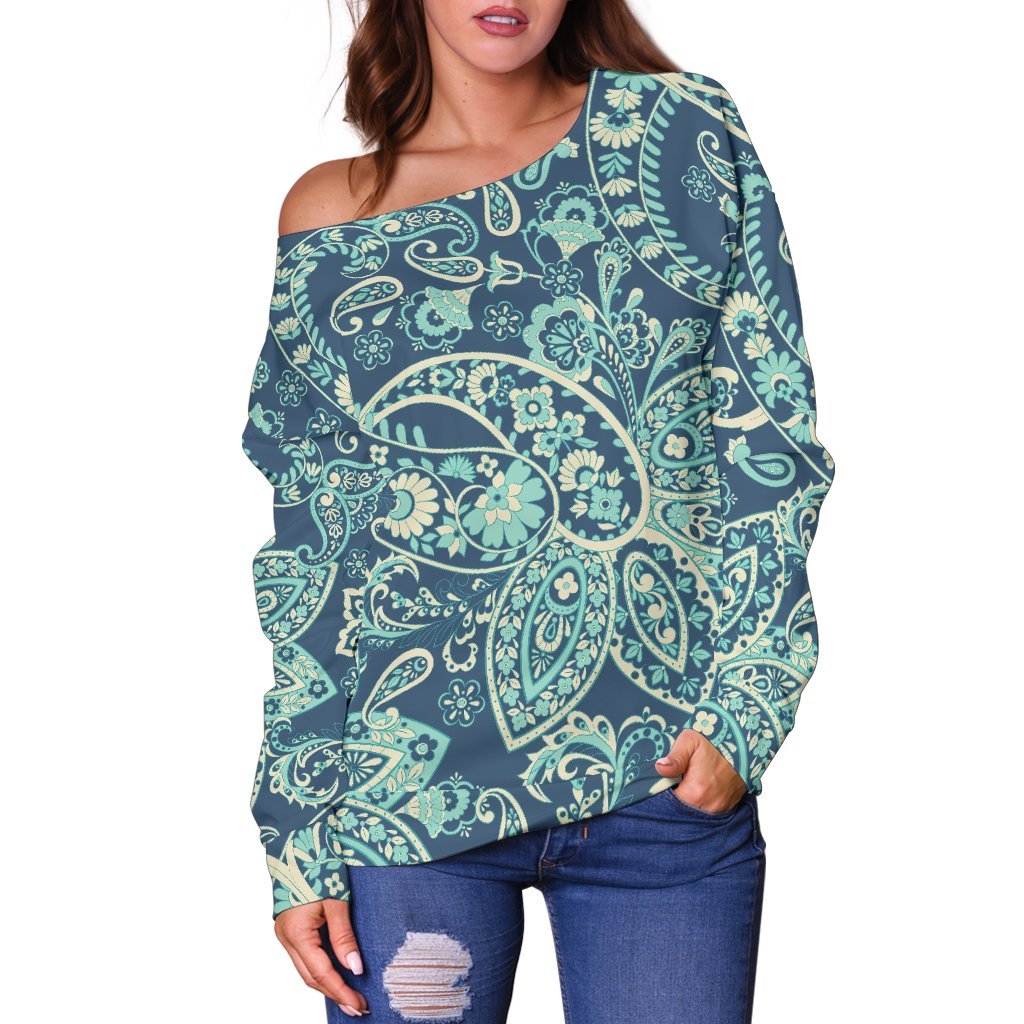 Blue Sky Paisley Bohemian Pattern Print Off Shoulder Sweatshirt GearFrost