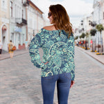 Blue Sky Paisley Bohemian Pattern Print Off Shoulder Sweatshirt GearFrost