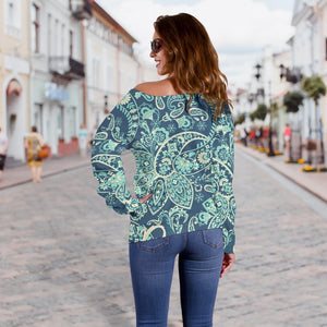 Blue Sky Paisley Bohemian Pattern Print Off Shoulder Sweatshirt GearFrost