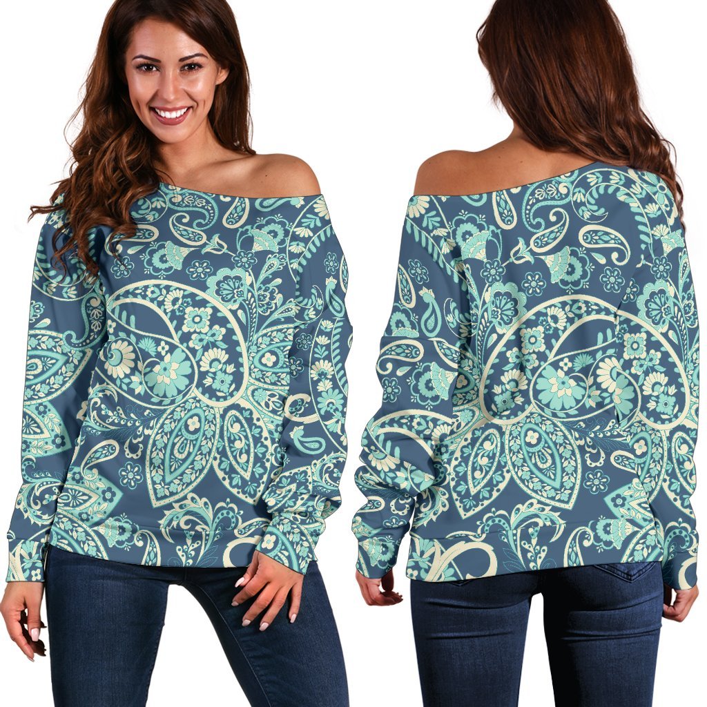 Blue Sky Paisley Bohemian Pattern Print Off Shoulder Sweatshirt GearFrost