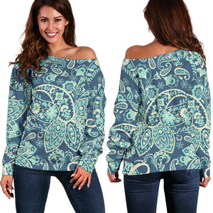 Blue Sky Paisley Bohemian Pattern Print Off Shoulder Sweatshirt GearFrost