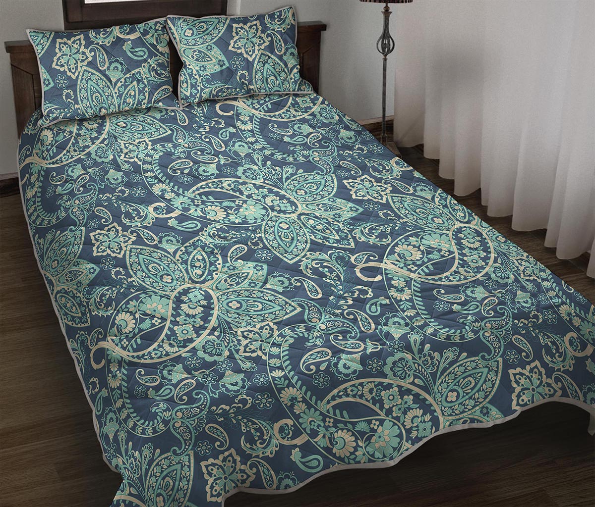 Blue Sky Paisley Bohemian Pattern Print Quilt Bed Set