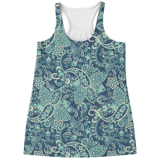 Blue Sky Paisley Bohemian Pattern Print Women's Racerback Tank Top