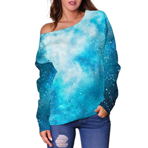 Blue Sky Universe Galaxy Space Print Off Shoulder Sweatshirt GearFrost