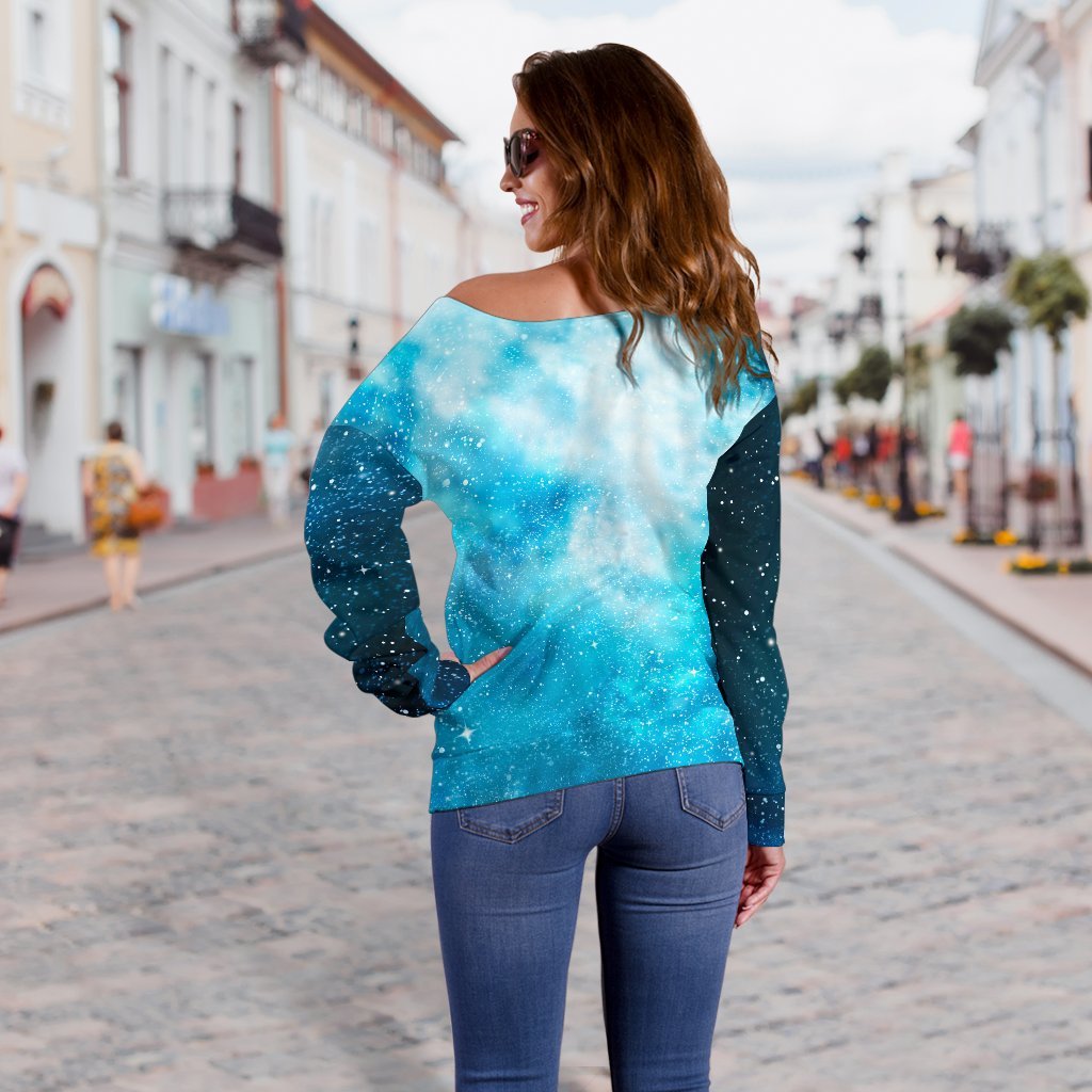 Blue Sky Universe Galaxy Space Print Off Shoulder Sweatshirt GearFrost