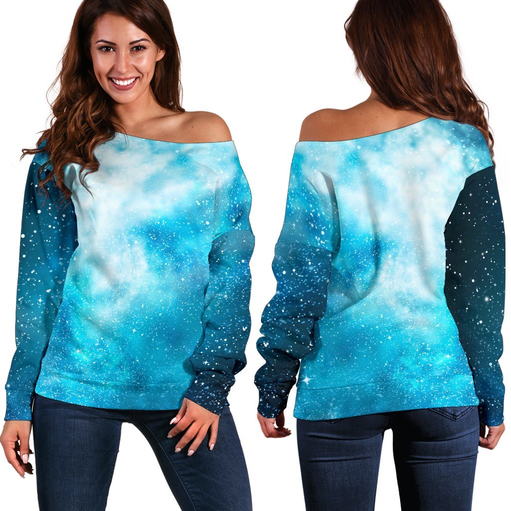 Blue Sky Universe Galaxy Space Print Off Shoulder Sweatshirt GearFrost