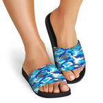 Blue Snow Camouflage Print Black Slide Sandals