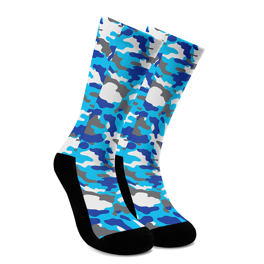 Blue Snow Camouflage Print Crew Socks