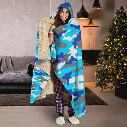 Blue Snow Camouflage Print Hooded Blanket