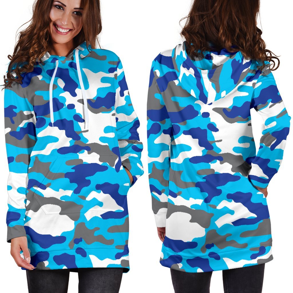 Blue Snow Camouflage Print Hoodie Dress GearFrost
