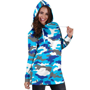 Blue Snow Camouflage Print Hoodie Dress GearFrost