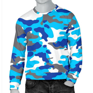 Blue Snow Camouflage Print Men's Crewneck Sweatshirt GearFrost