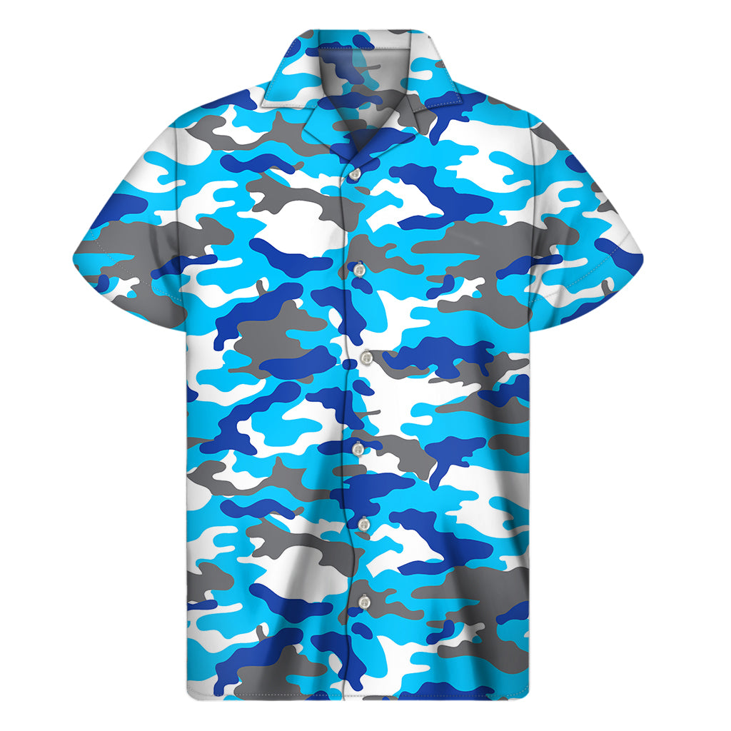 Blue Snow Camouflage Print Men's Short Sleeve Shirt