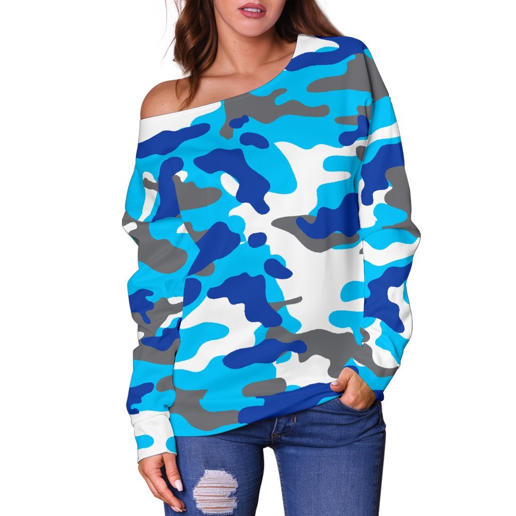 Blue Snow Camouflage Print Off Shoulder Sweatshirt GearFrost