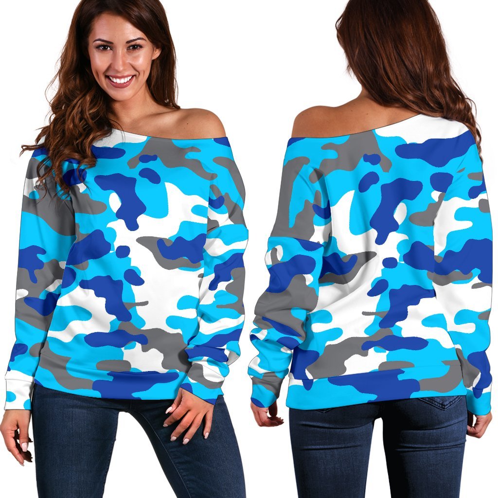 Blue Snow Camouflage Print Off Shoulder Sweatshirt GearFrost