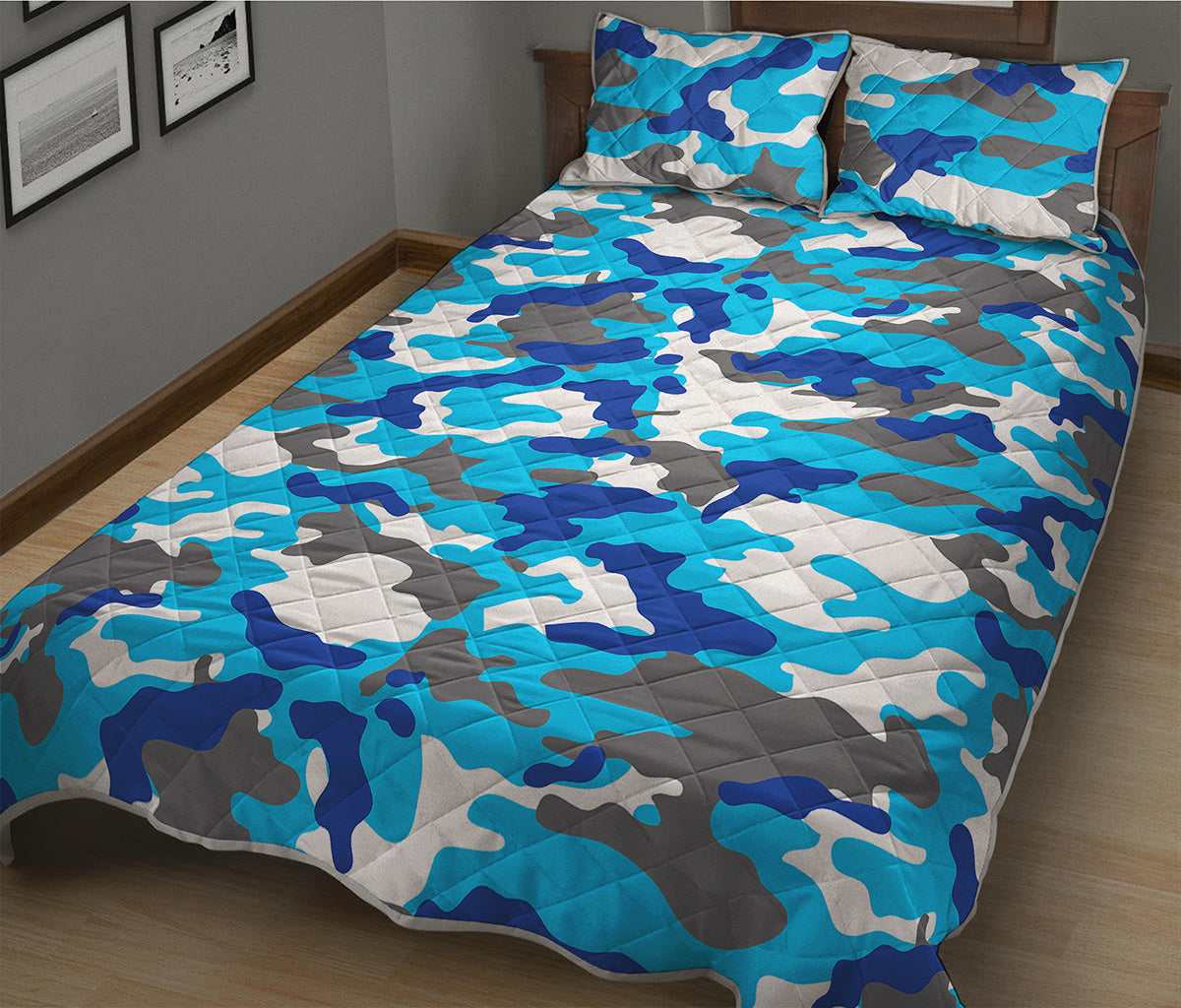 Blue Snow Camouflage Print Quilt Bed Set