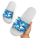 Blue Snow Camouflage Print White Slide Sandals