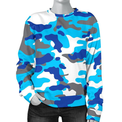 Blue Snow Camouflage Print Women's Crewneck Sweatshirt GearFrost
