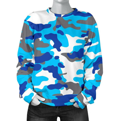 Blue Snow Camouflage Print Women's Crewneck Sweatshirt GearFrost